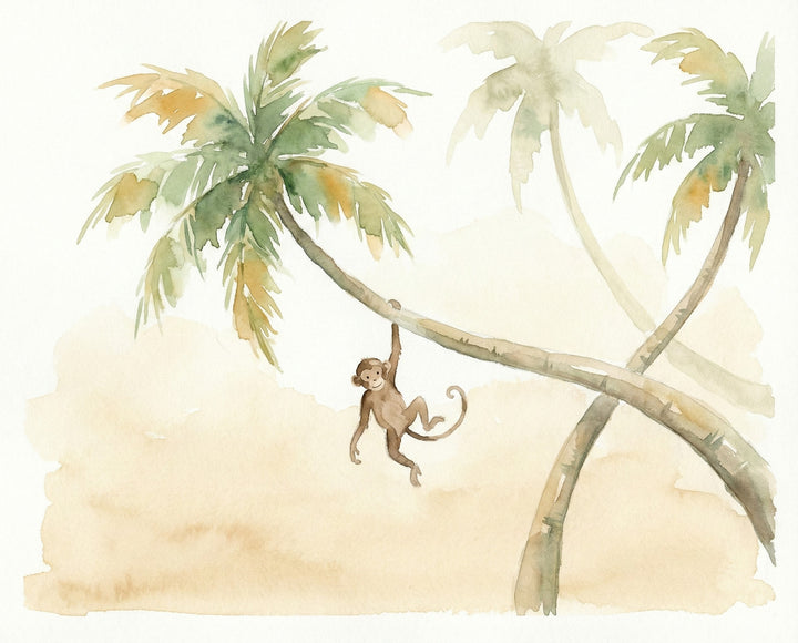A playful watercolor of a smiling monkey hanging by one arm from a palm tree branch in a soft tropical setting bringing fun jungle wall art energy ideal for kids or animal-themed spaces.
