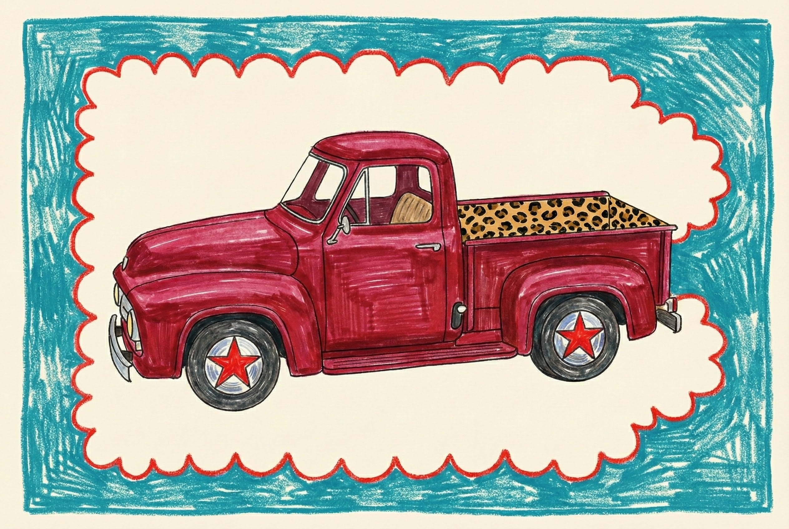 Colorful illustration of a red vintage truck with leopard print in the truck bed and red star decals on the wheels, centered within a hand-drawn scalloped border filled with teal scribbles. The playful, folk-art style gives the vehicle a whimsical and bold appearance.