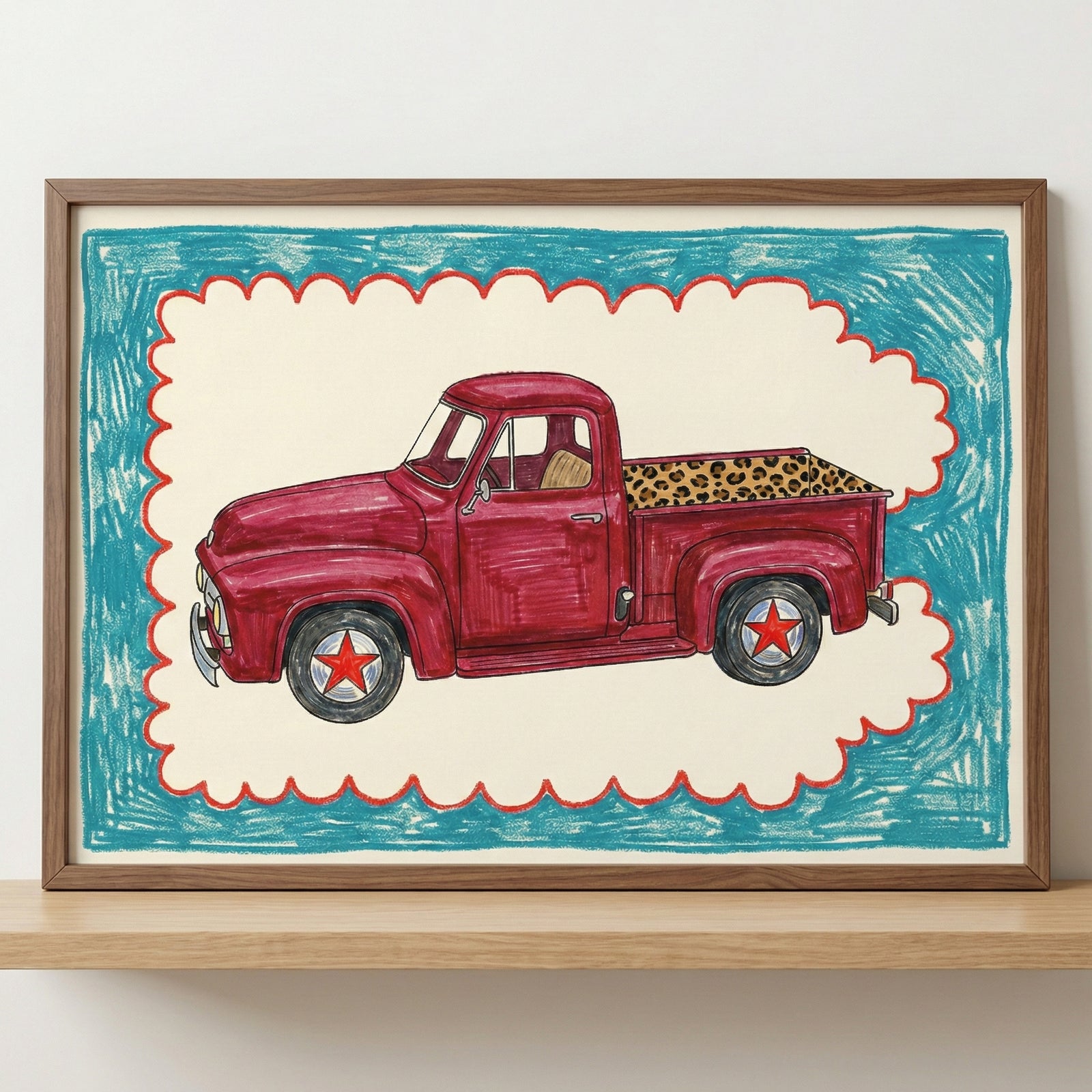 Framed drawing of a vintage red truck with leopard print in the truck bed and red stars on the wheels, set against a teal scribbled background and bordered with a scalloped red outline. The playful illustration is displayed on a floating wooden shelf.