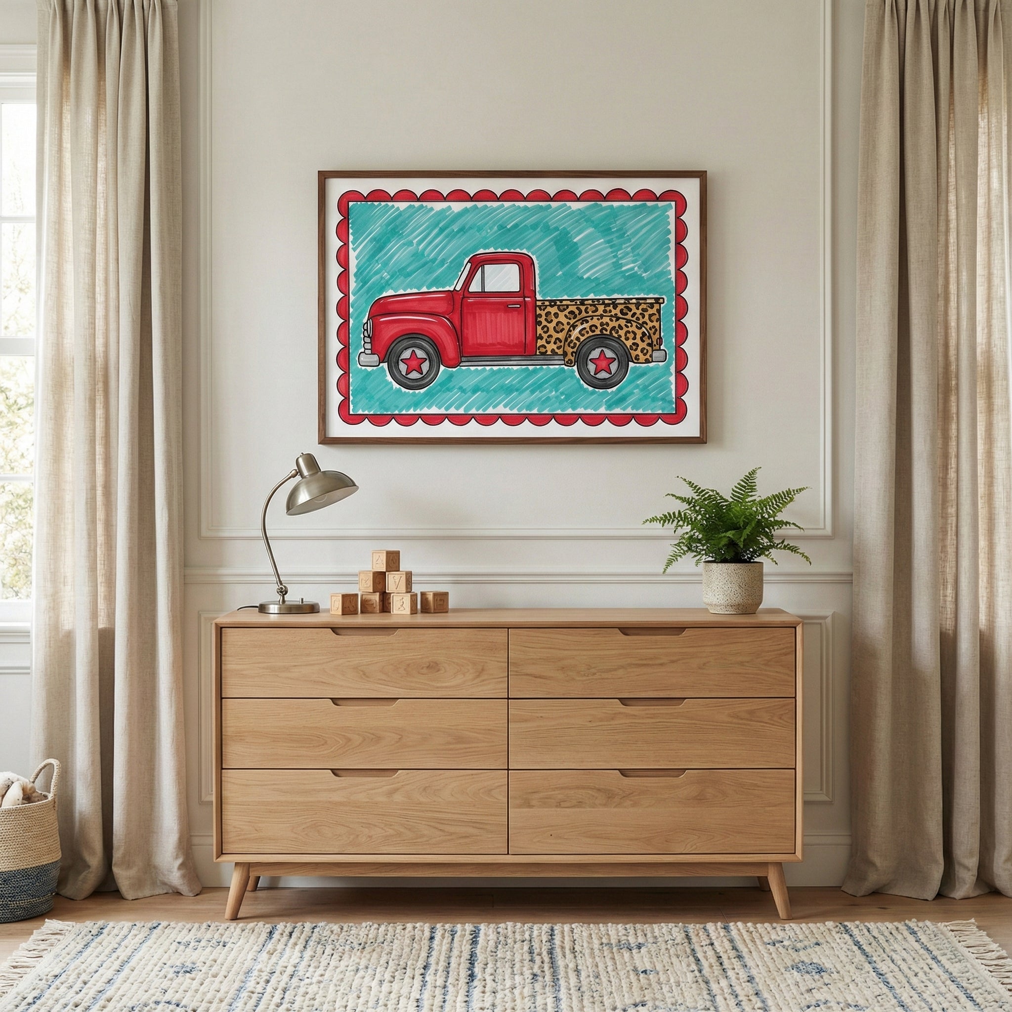 Colorful framed artwork of a red vintage truck with a leopard print truck bed and star-emblazoned wheels hanging above a modern wooden dresser in a softly lit, neutral-toned room with tall curtains and a woven rug.
