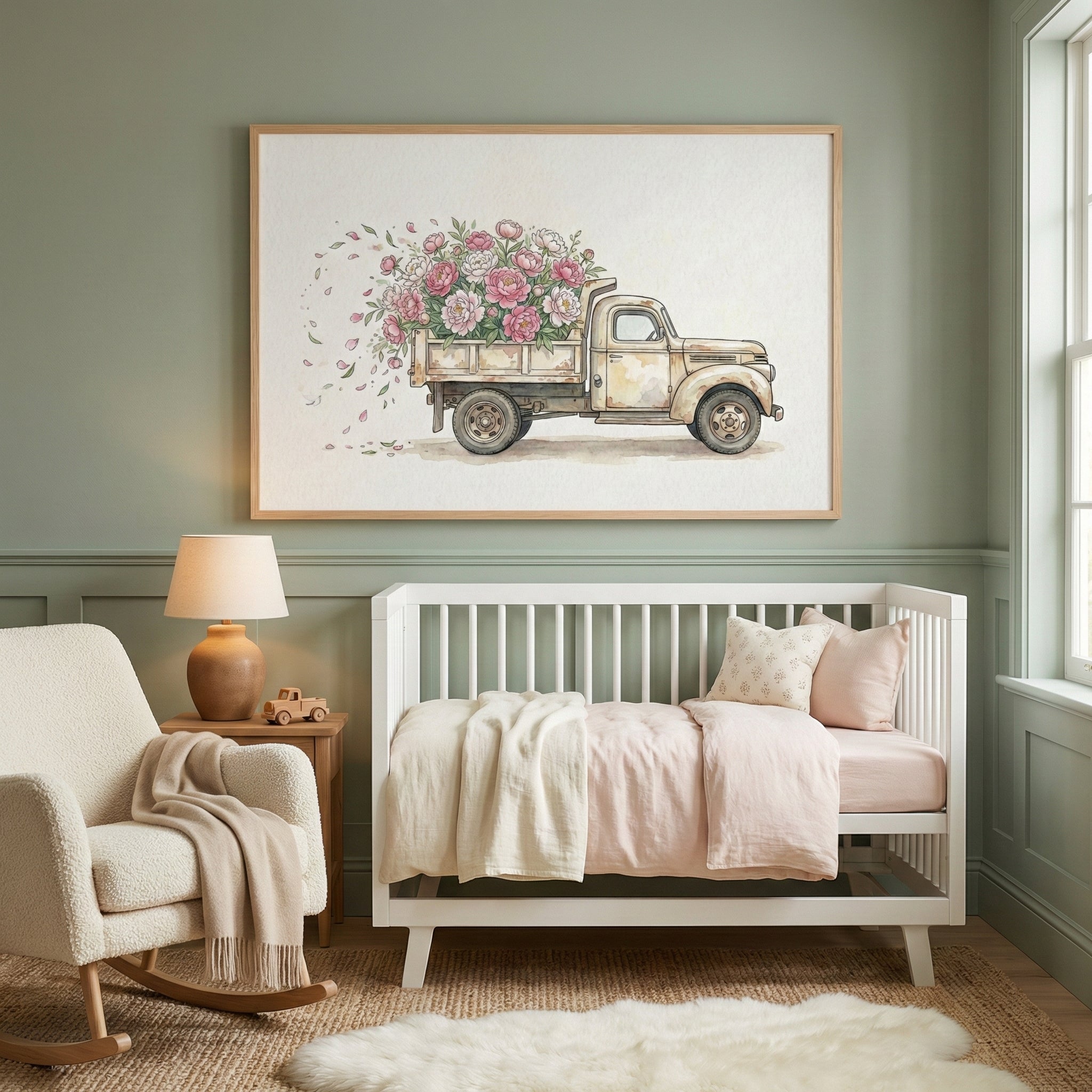In a soft-toned nursery, a large framed painting of an old-fashioned truck filled with blooming flowers hangs above a white crib with blush bedding. The floral truck illustration adds a whimsical, gentle touch to the cozy room.