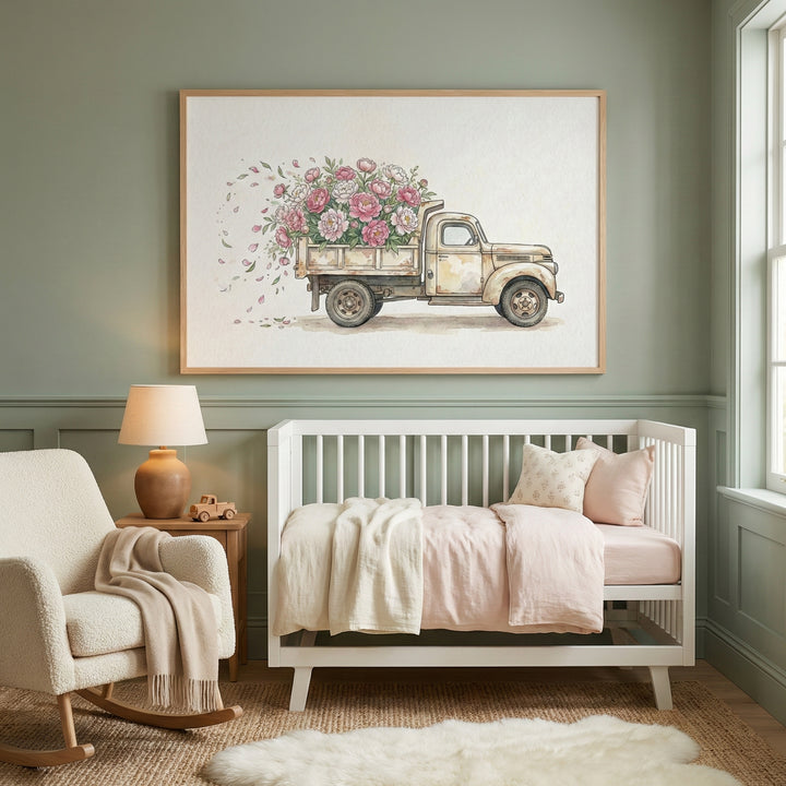 In a soft-toned nursery, a large framed painting of an old-fashioned truck filled with blooming flowers hangs above a white crib with blush bedding. The floral truck illustration adds a whimsical, gentle touch to the cozy room.