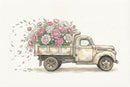 Watercolor illustration of a vintage, weathered cream-colored pickup truck with its bed overflowing with lush pink and white peonies. Petals and leaves drift gently in the air, adding a soft, romantic charm to the rustic vehicle.