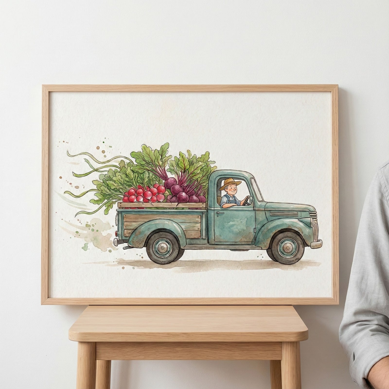 Charming watercolor illustration of a vintage teal pickup truck driven by a smiling child in a straw hat, with its bed overflowing with fresh root vegetables like radishes, beets, and leafy greens. The produce appears to be spilling out playfully as the truck drives forward.