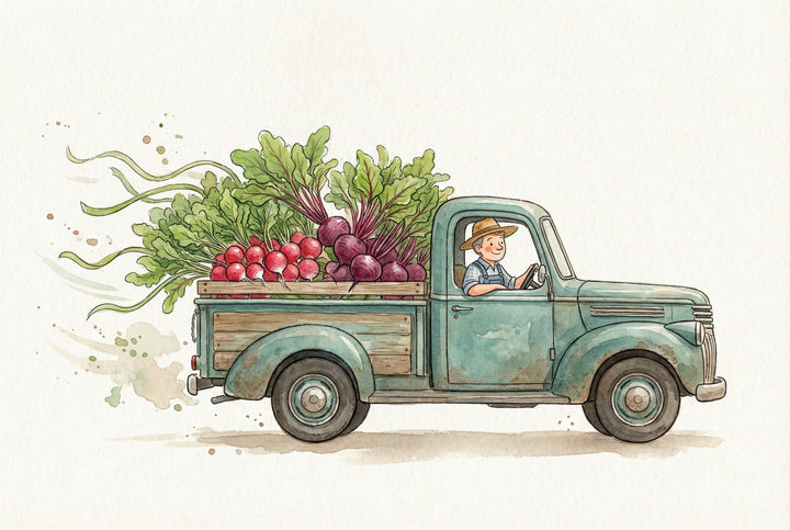 A happy farmer drives a vintage blue pickup truck filled with freshly harvested radishes and beets, their leafy greens trailing in the wind. The watercolor-style illustration captures a lively and wholesome farm-to-market moment.