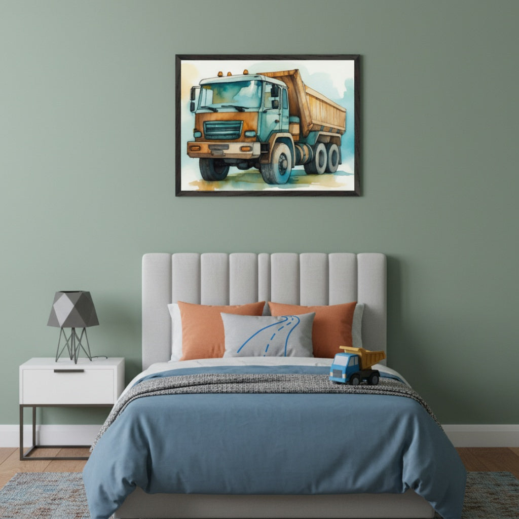 Kid's bedroom with a gray upholstered bed and a white nightstand. Above the bed, a framed watercolor painting of an orange and blue dump truck hangs on a sage green wall. A toy dump truck is on the bed.