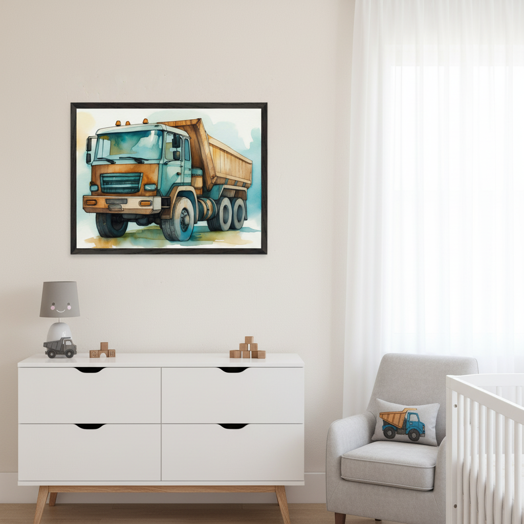 Modern nursery with a white dresser below a framed watercolor painting of a dump truck. A gray armchair and a white crib are to the right.