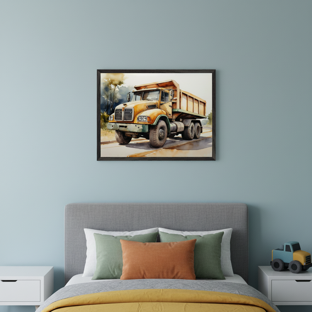 Kid's bedroom with a grey bed and white nightstands. A framed watercolor painting of an orange dump truck on a road hangs centered above the bed.