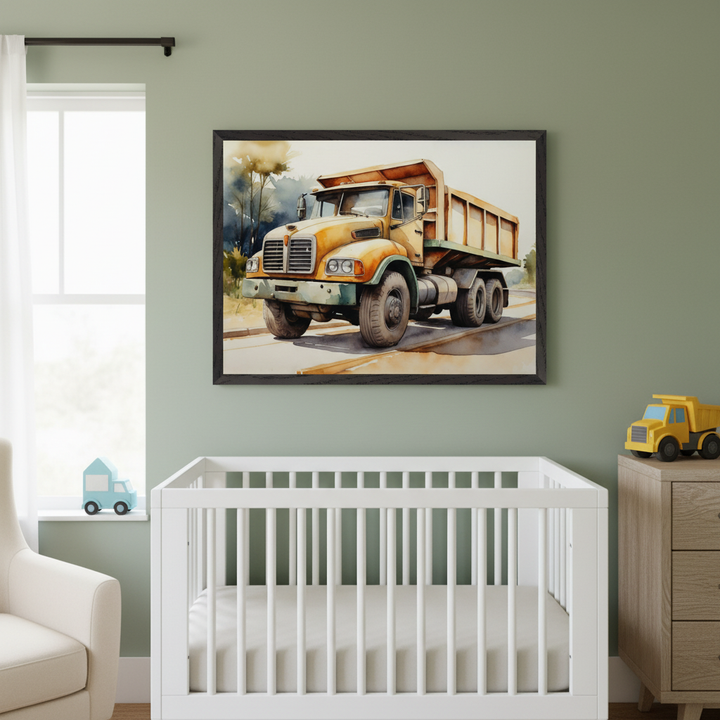 Sage green nursery with a white crib. A large framed watercolor of a yellow dump truck on a road hangs above the crib. A white armchair is to the left, and a wooden dresser with a toy truck is to the right.