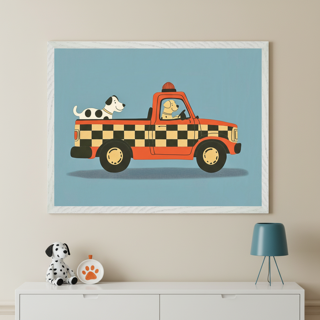 Modern kid's bedroom with a white dresser. A large framed print of two cartoon dogs in an orange, checkerboard pickup truck on a blue background hangs above the dresser. A dalmatian toy, paw print dish, and teal lamp are on the dresser.