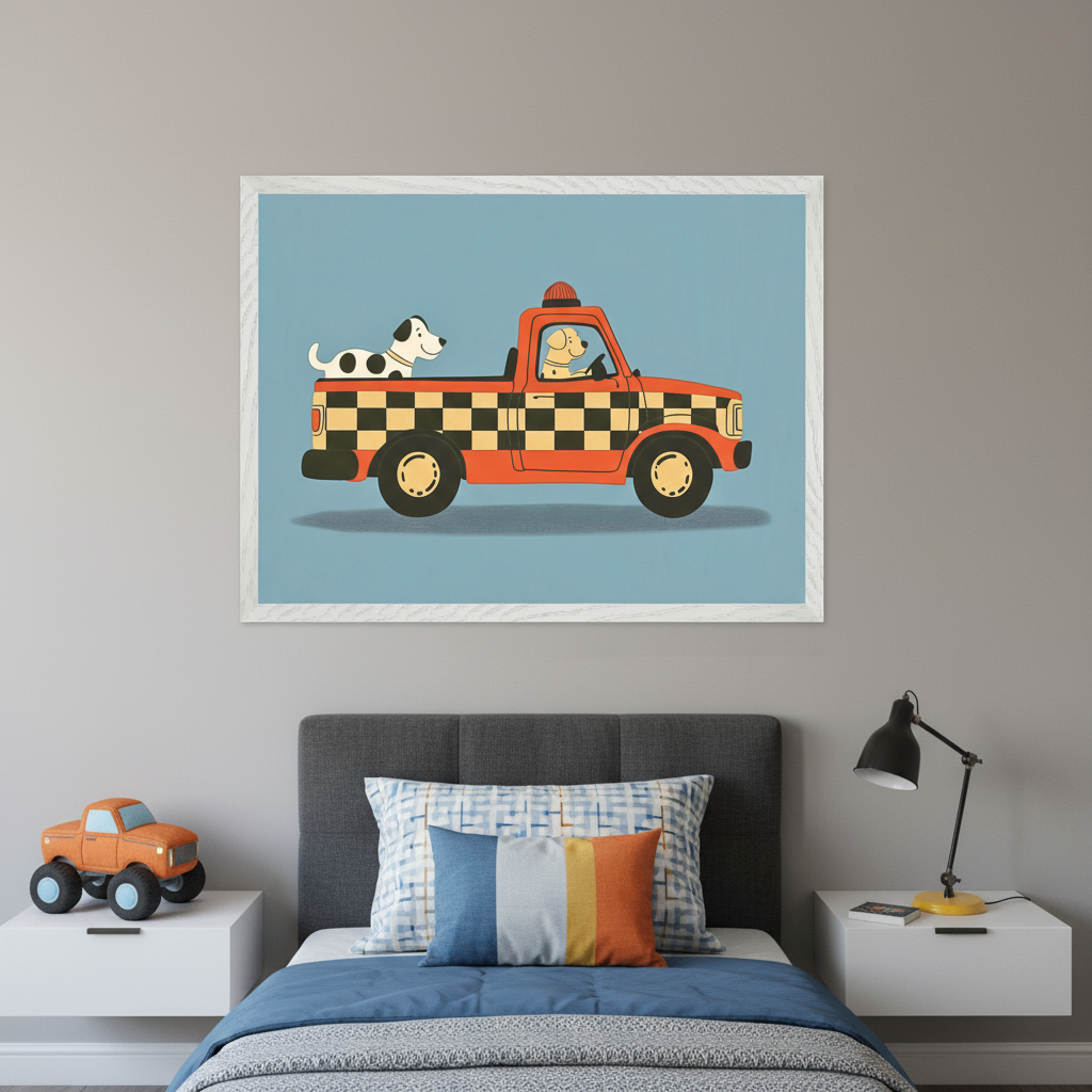 Kid's bedroom with a gray upholstered bed and white nightstands. A large framed cartoon illustration of an orange checkered pickup truck with two dogs hangs above the bed. One dog drives, another rides in the back.