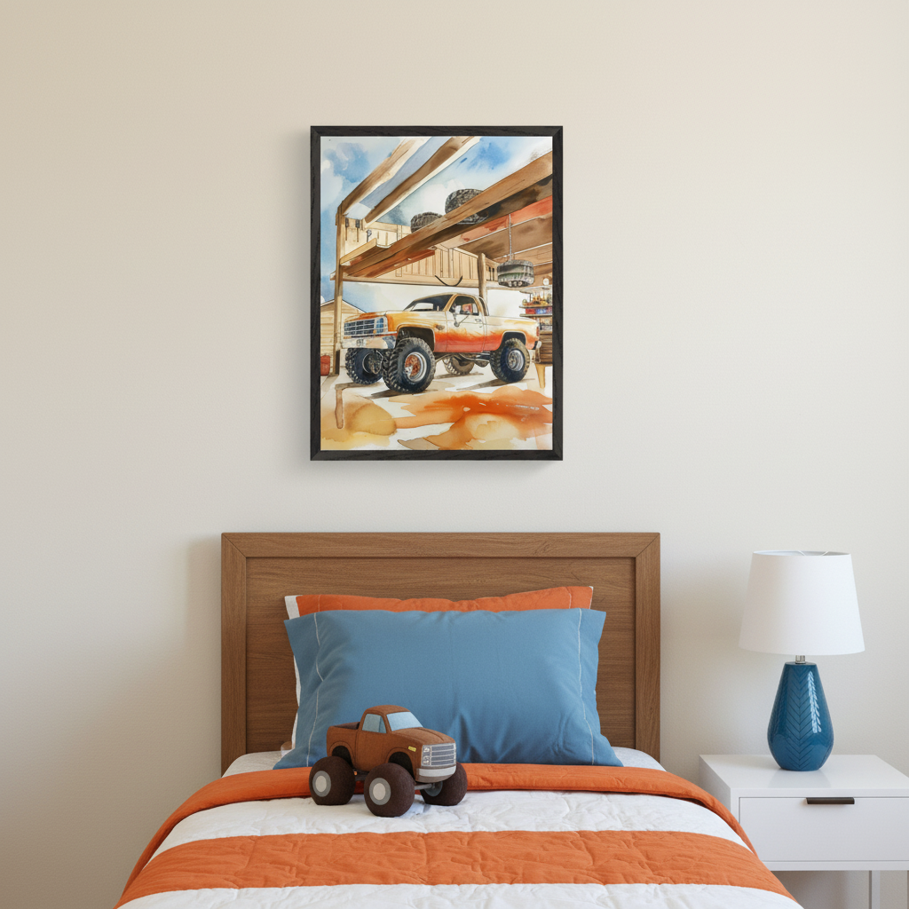 Kid's bedroom with a wooden bed, orange and blue bedding. A framed watercolor painting of an orange monster truck in a garage hangs centered above the bed. A small monster truck toy is on the bed, and a white nightstand with a blue lamp is to the right.