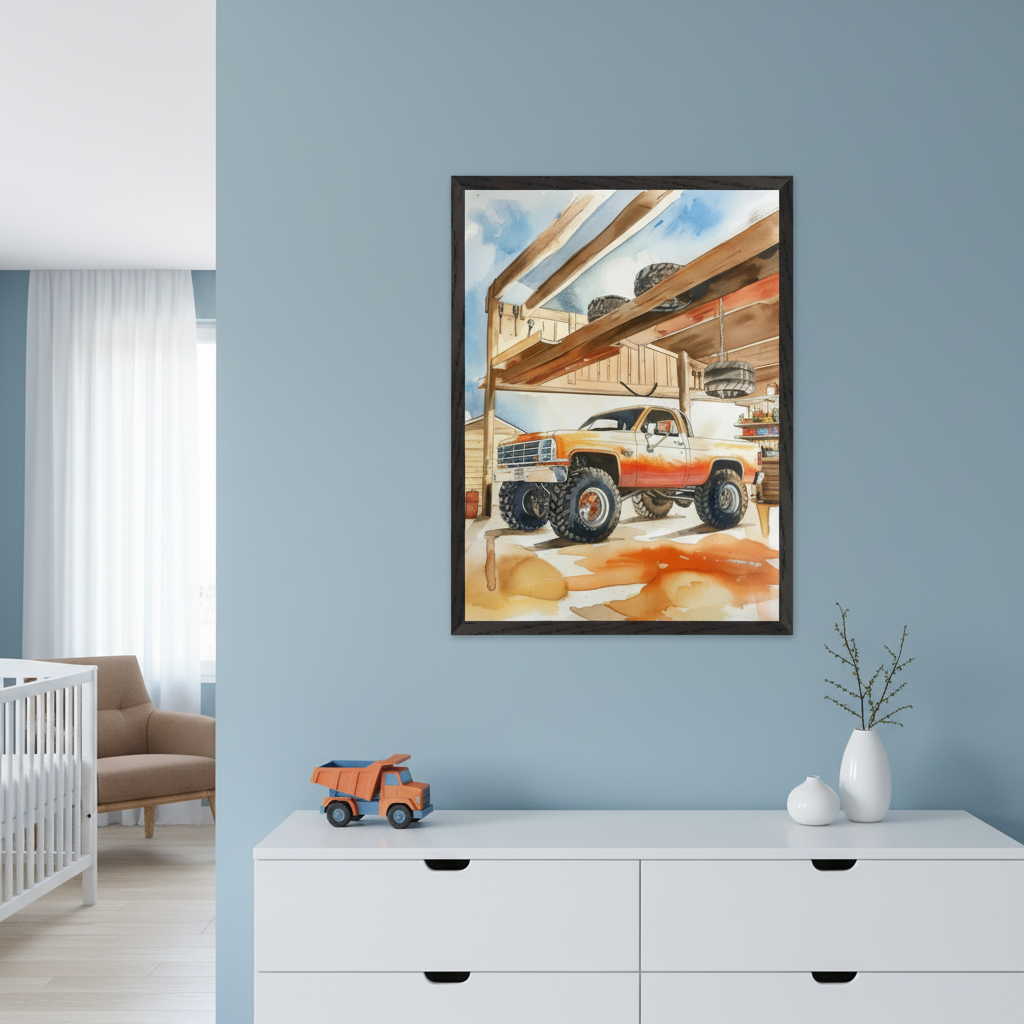 Modern nursery with a light blue wall. A white crib is on the left, and a white dresser sits below framed wall art. The art depicts a watercolor orange monster truck parked in a garage.