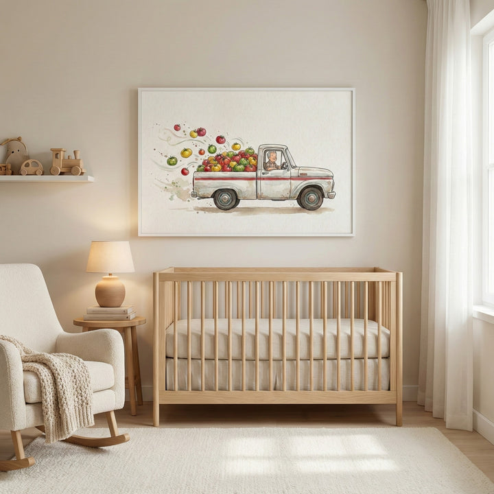 Playful tomato truck painting displayed above a crib in a softly lit nursery. The artwork features a vintage pickup filled with tomatoes of all colors, with some bouncing through the air as the truck speeds along.
