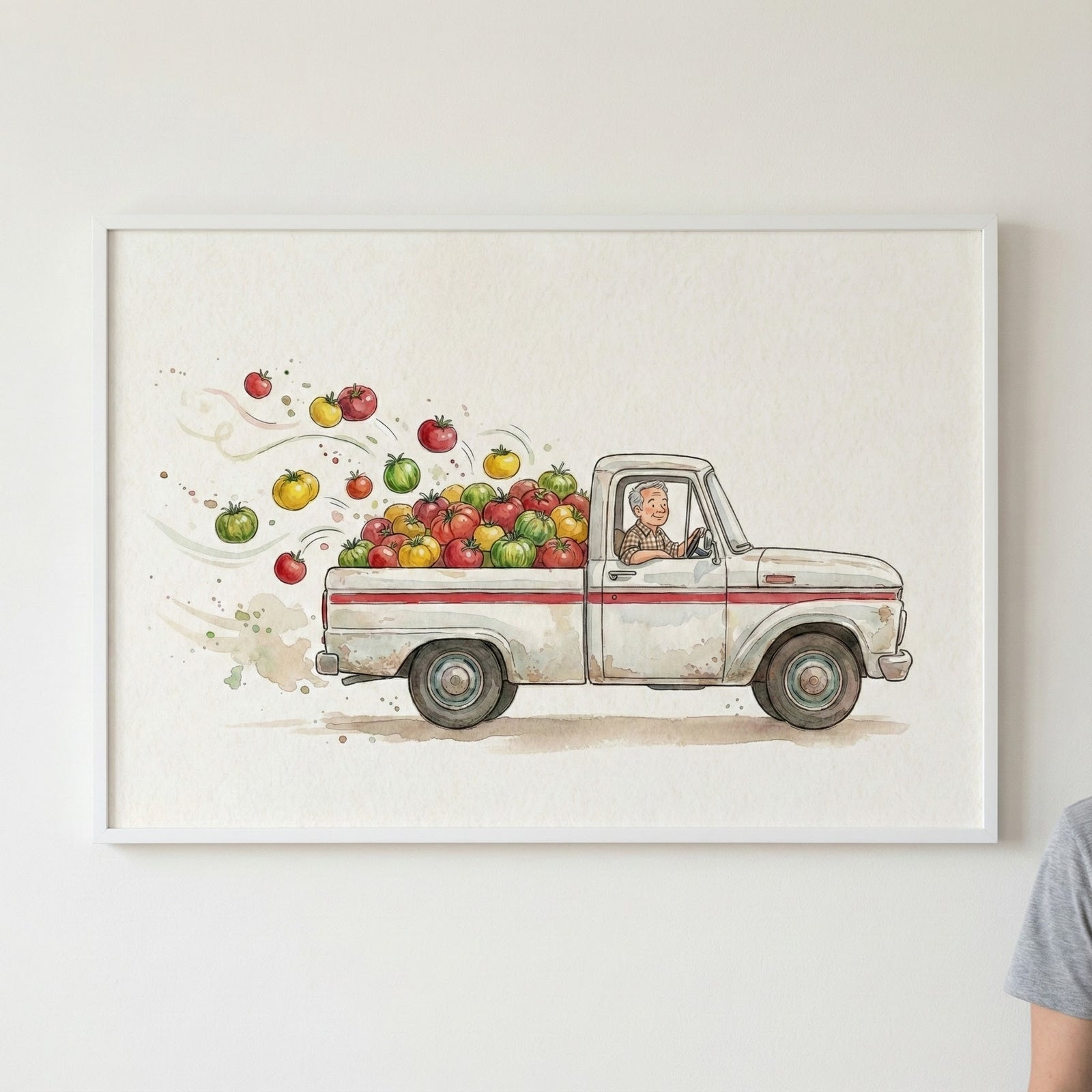 Framed watercolor illustration of a smiling man driving a vintage white pickup truck overflowing with colorful tomatoes. Red, green, and yellow tomatoes are whimsically flying out of the truck bed as it drives forward.