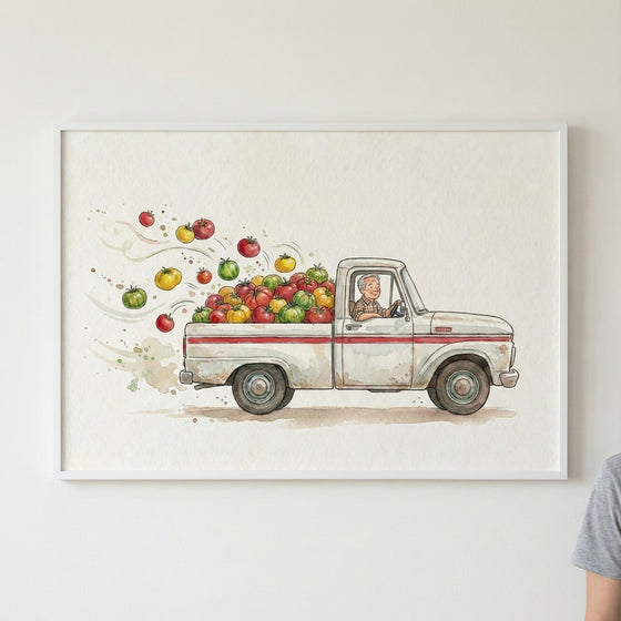 Framed watercolor illustration of a smiling man driving a vintage white pickup truck overflowing with colorful tomatoes. Red, green, and yellow tomatoes are whimsically flying out of the truck bed as it drives forward.
