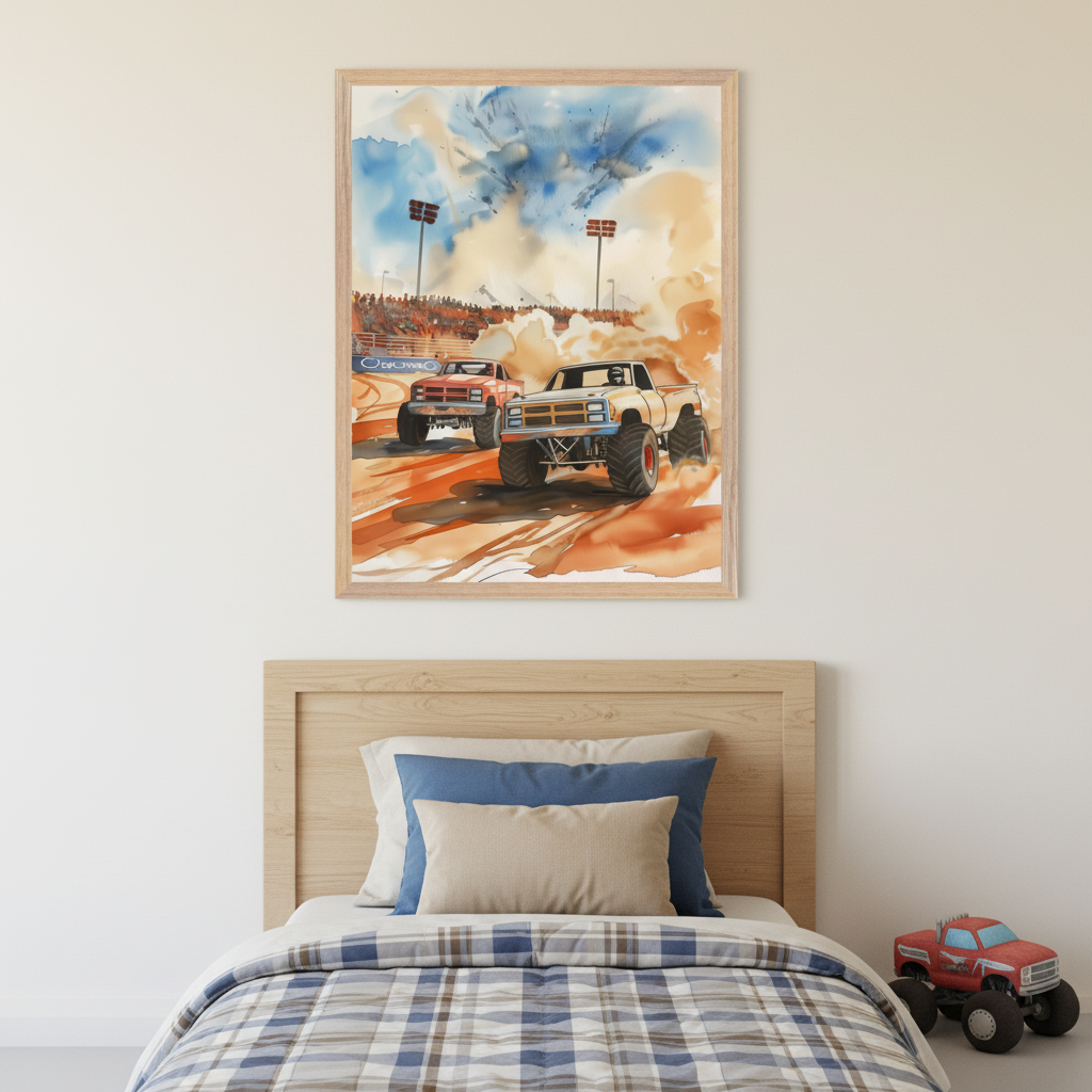 Kid's bedroom with a light wood headboard bed. A large framed watercolor painting of two monster trucks racing on a dusty track with spectators and stadium lights hangs above the bed. A red toy monster truck sits on the floor beside the bed.