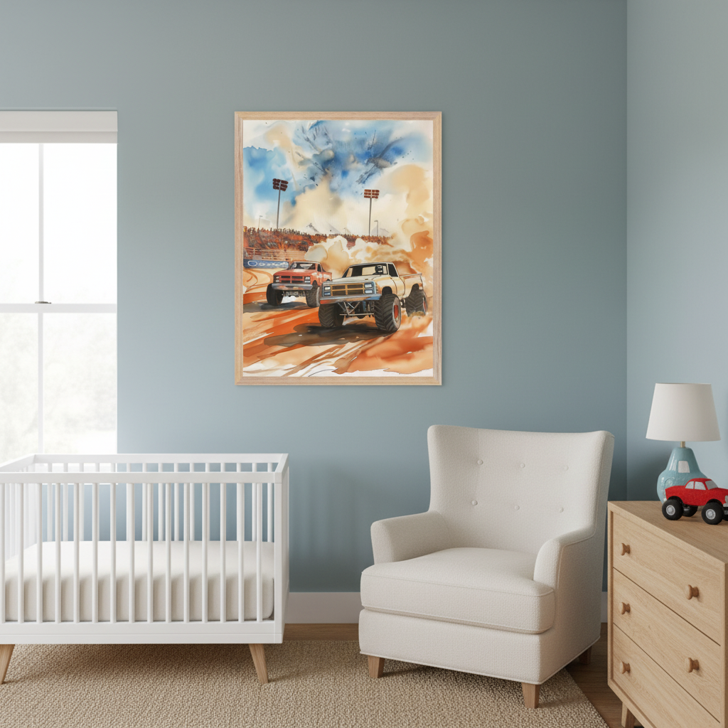 Modern nursery with a white crib, a beige armchair, and a wooden dresser. A framed watercolor painting of two monster trucks racing on a dusty track under a blue sky hangs above the armchair, to the right of the crib.