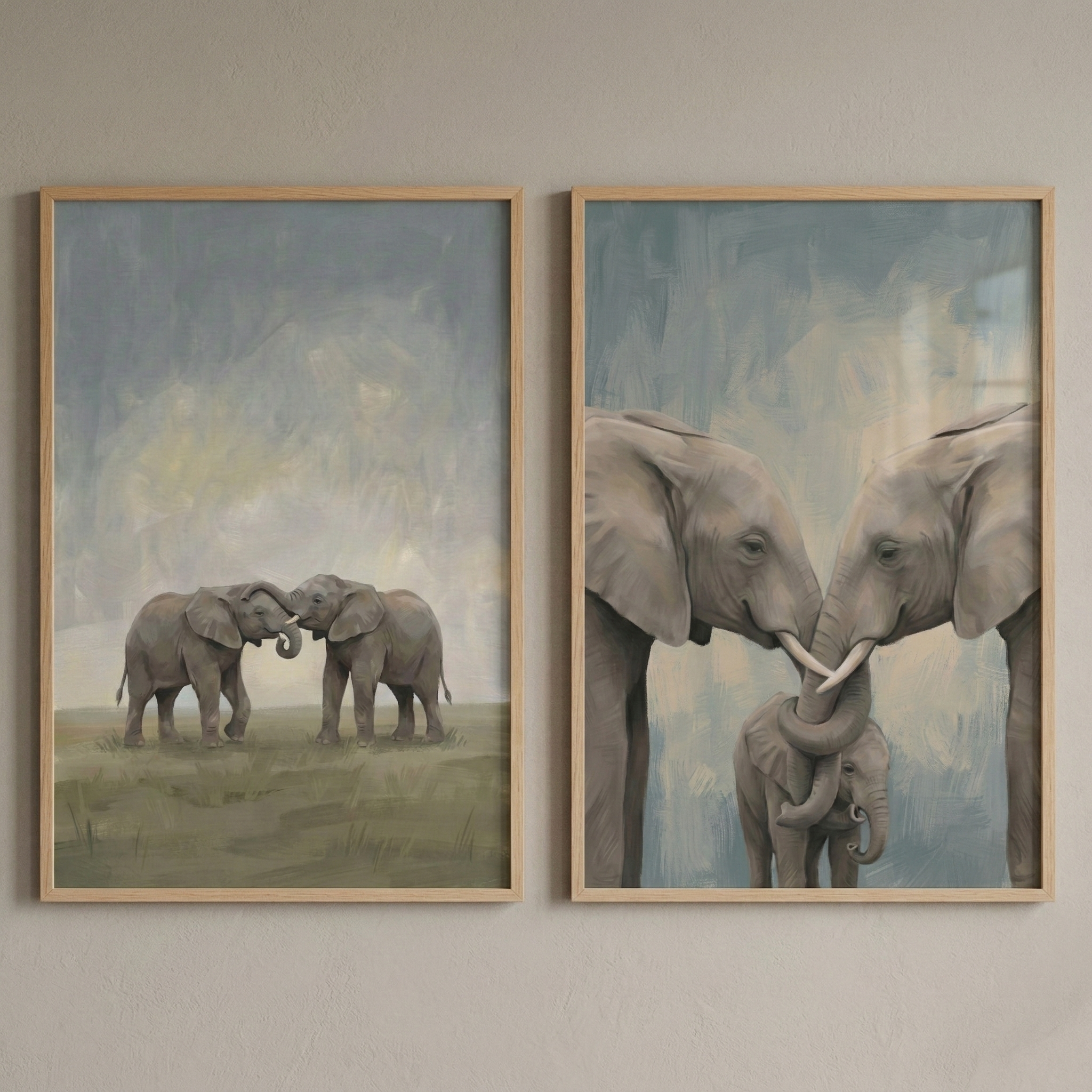 Elephants Wall Art For Nursery Room Set of 2 - Gentle Trunk Embrace