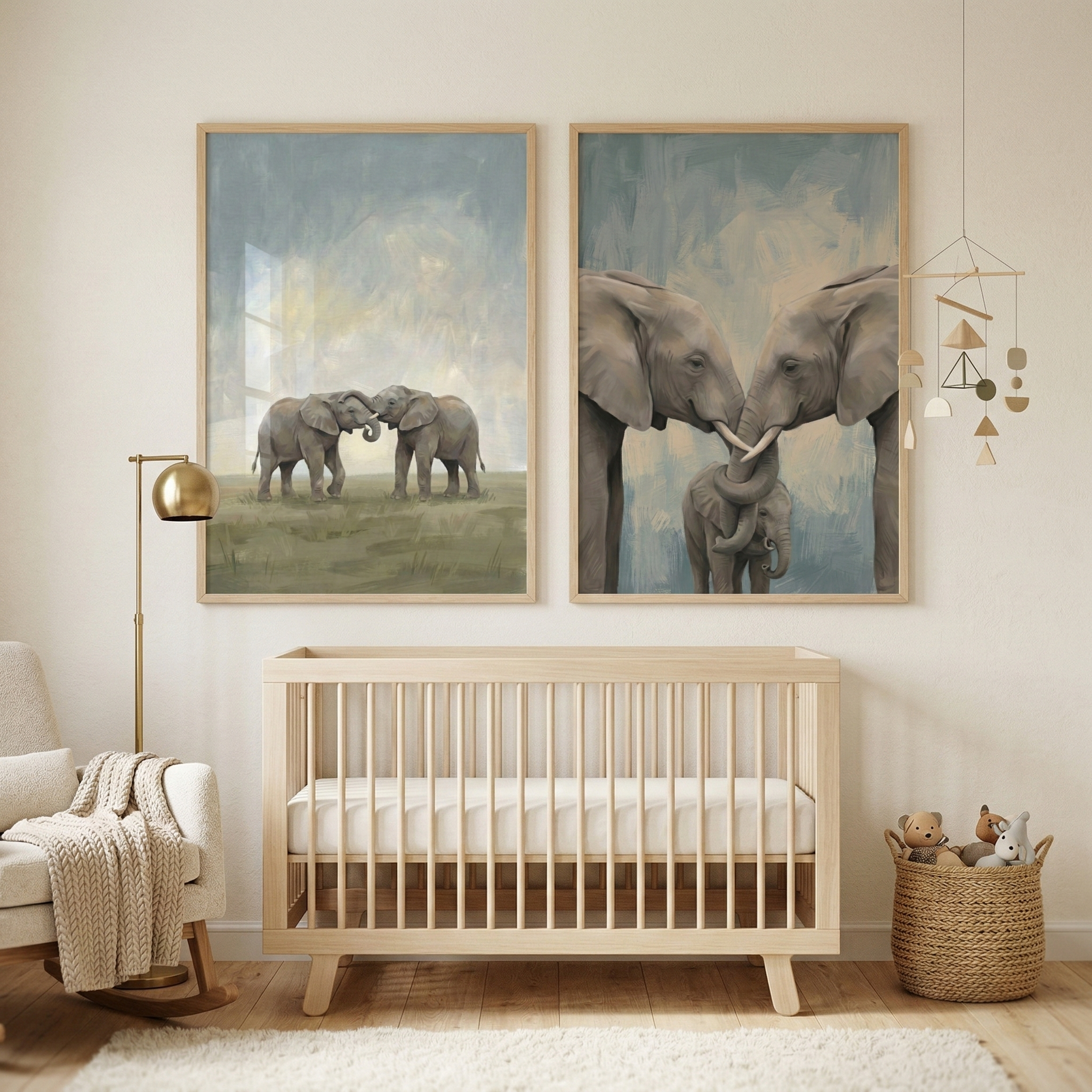 Elephants Wall Art For Nursery Room Set of 2 - Gentle Trunk Embrace