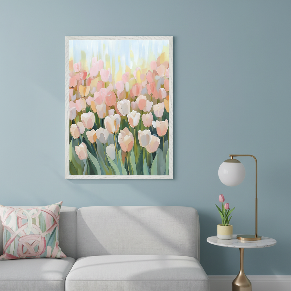 Modern living room with a light gray sectional sofa. A large framed painting of light pink and white tulips in a painterly style hangs on a blue wall above the sofa.
