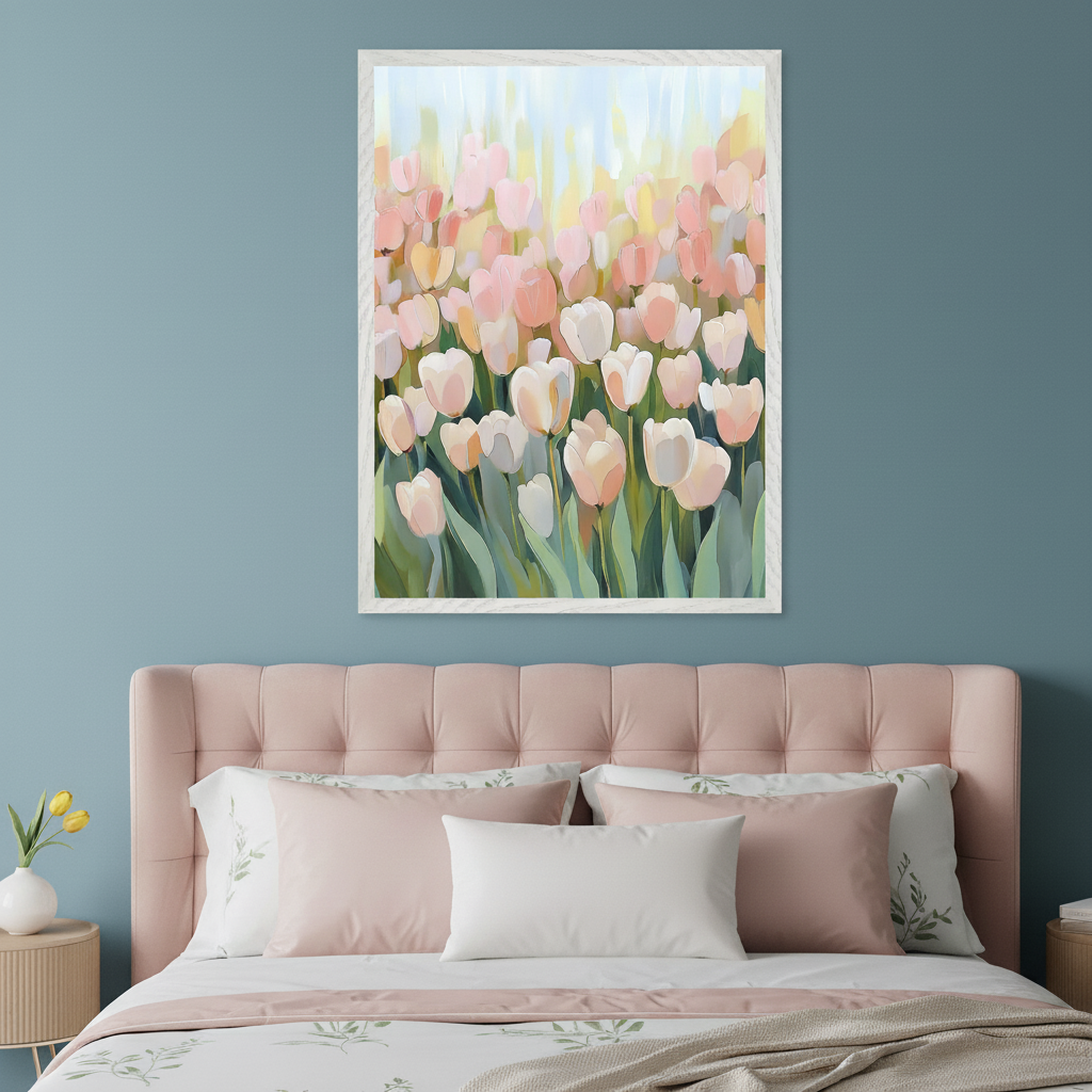 Modern bedroom with a pink tufted bed. A large framed painting of a field of pink and white tulips in a painterly style hangs centered above the bed's headboard.