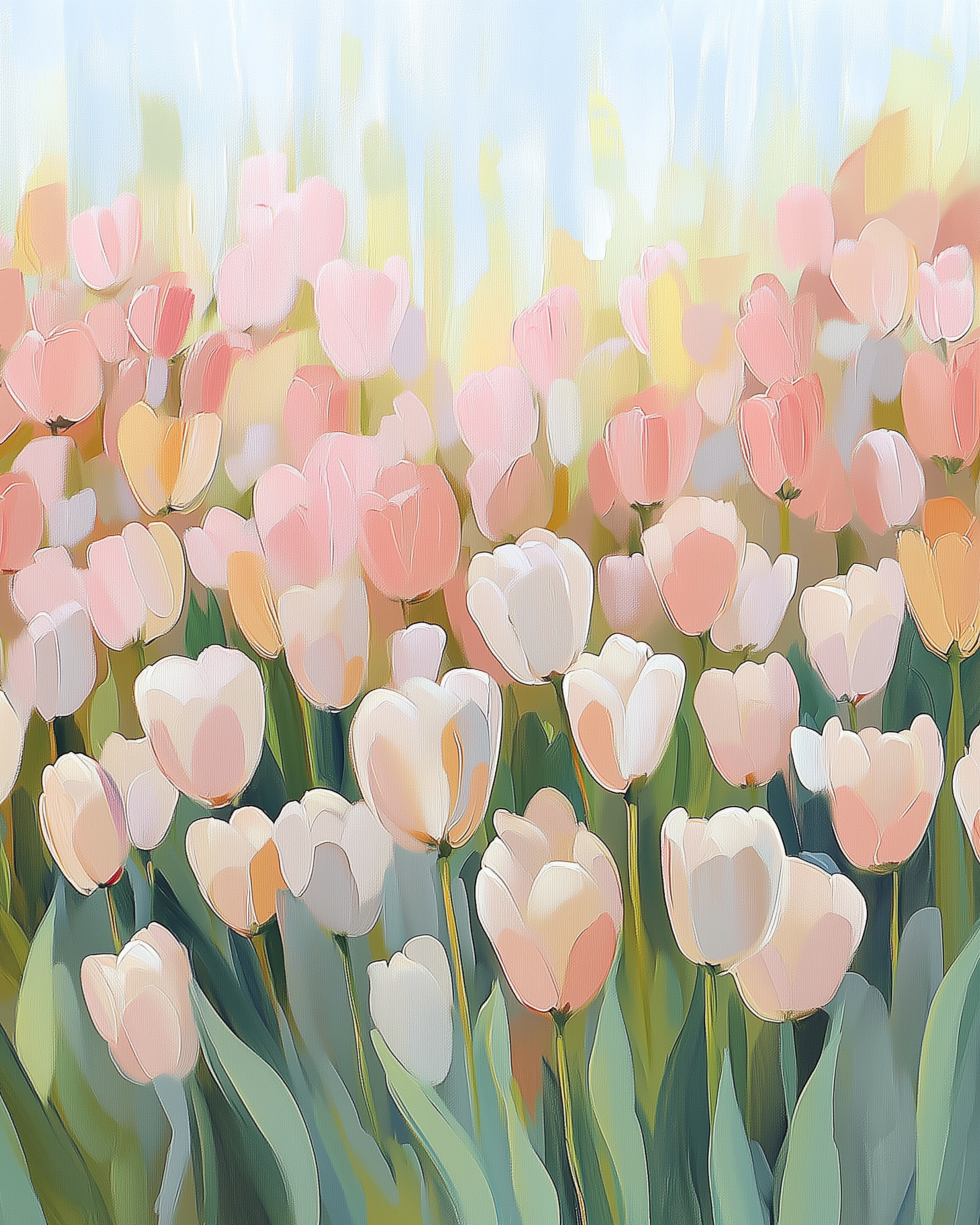 A soft pastel art of a tulip field in bloom, featuring rows of pale pink, peach, and white tulips stretching upward toward a sky streaked with light blue and golden tones. The dreamy brushwork gives a serene, springtime mood.