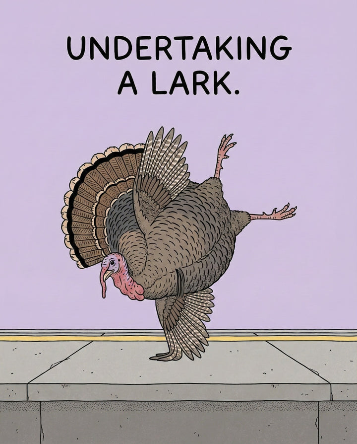 A cartoon turkey balances dramatically on one leg near a curb with wings raised and one leg extended behind, under the caption “Undertaking a lark.” The pale purple background and sidewalk setting enhance the comedic effect.
