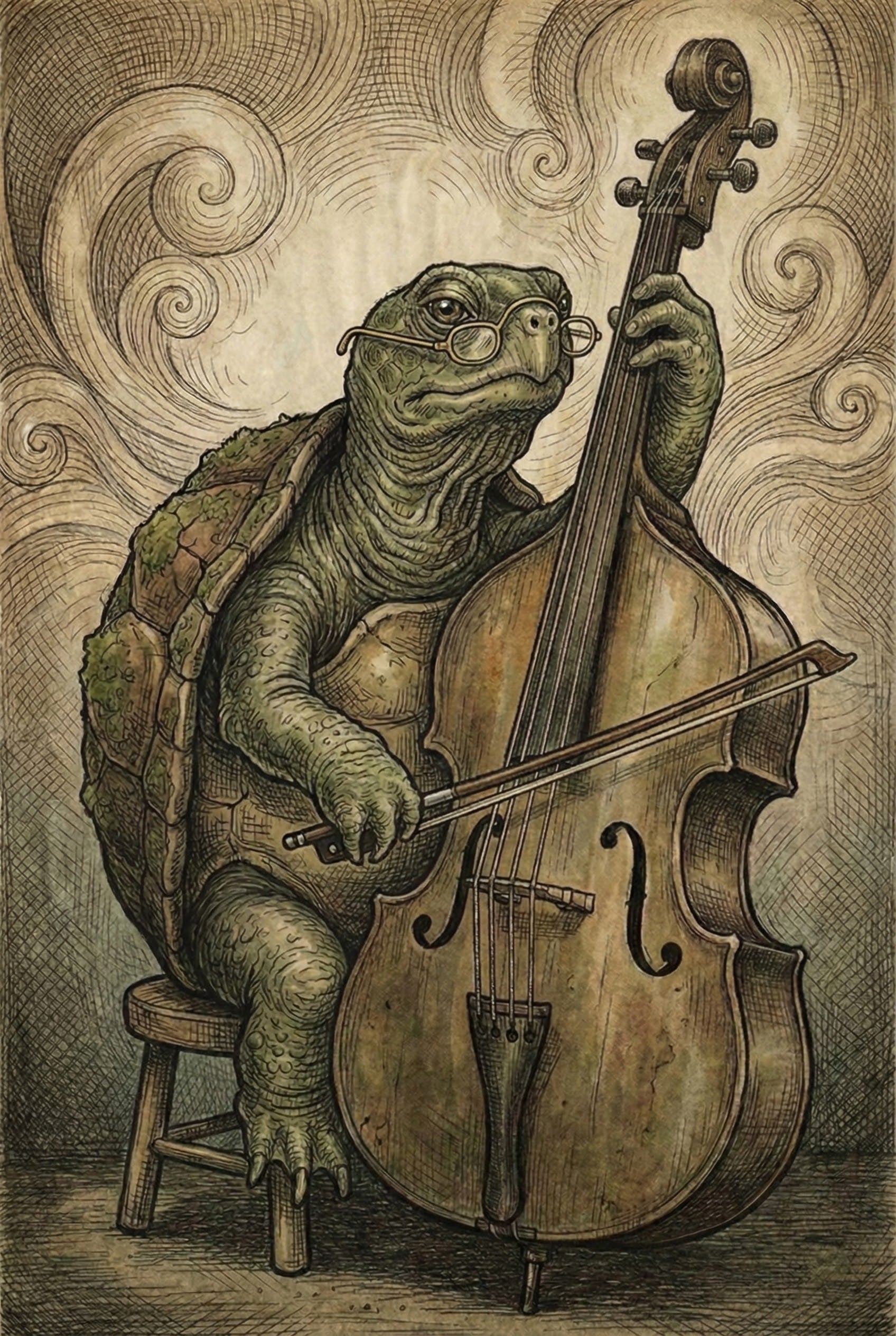 An elderly turtle wearing round spectacles sits on a wooden stool, thoughtfully playing a cello with a bow. The whimsical background features swirling lines, enhancing the vintage, storybook charm of the scene.