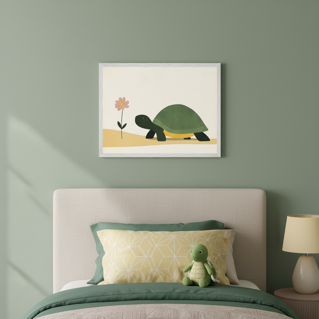 Kid's bedroom with a green wall and a neutral upholstered bed. Above the bed, a framed illustration shows a green turtle walking towards a pink flower on a cream and yellow background. A matching turtle plush toy rests on a yellow geometric pillow on the bed.