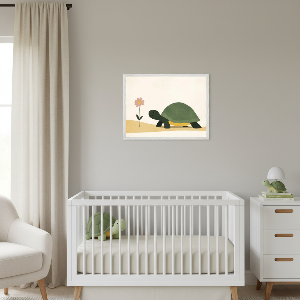 Modern nursery with a white crib, armchair, and dresser. A framed print of a green turtle walking towards a pink flower in a simple illustration style hangs centered above the crib.