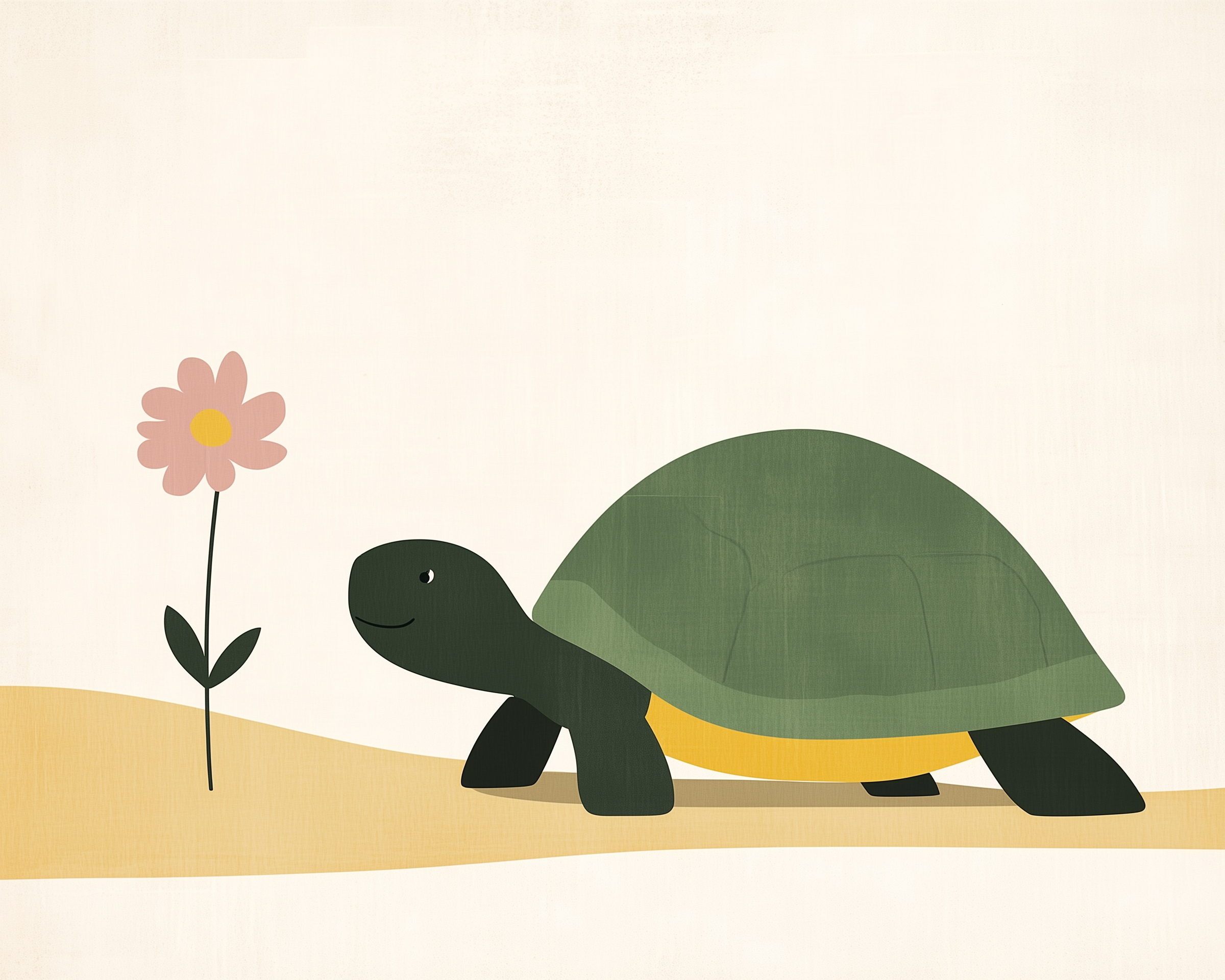 A cute illustration of a green turtle with a yellow underside walking on sandy ground, smiling at a pink flower with a yellow center.