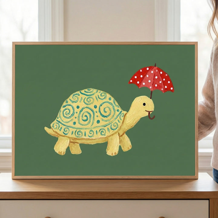 A whimsical painting of a yellow turtle with teal spiral patterns on its shell, holding a red polka-dot umbrella with its mouth. The turtle stands out playfully against a muted green background.
