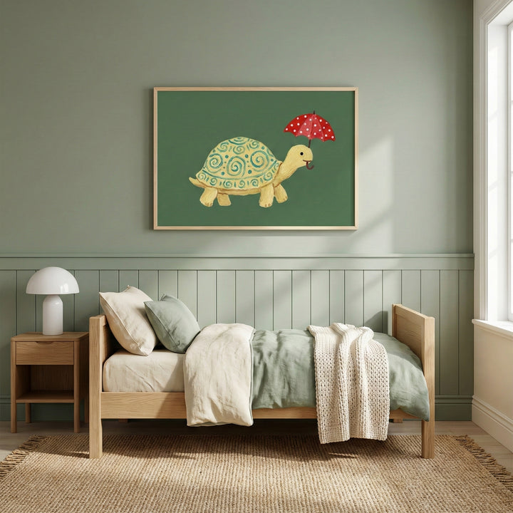 A cheerful turtle illustration featuring a bright yellow shell with turquoise swirls and a red umbrella, adding a fun and gender-neutral touch to a softly styled kids’ room with sage green walls and natural wood accents.