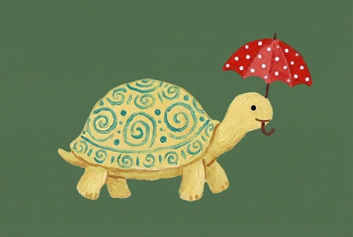 Playful oil painting of a yellow turtle with a turquoise swirl-patterned shell, holding a red polka-dotted umbrella in its mouth. The turtle is set against a muted green background, giving the image a cheerful and whimsical feel.