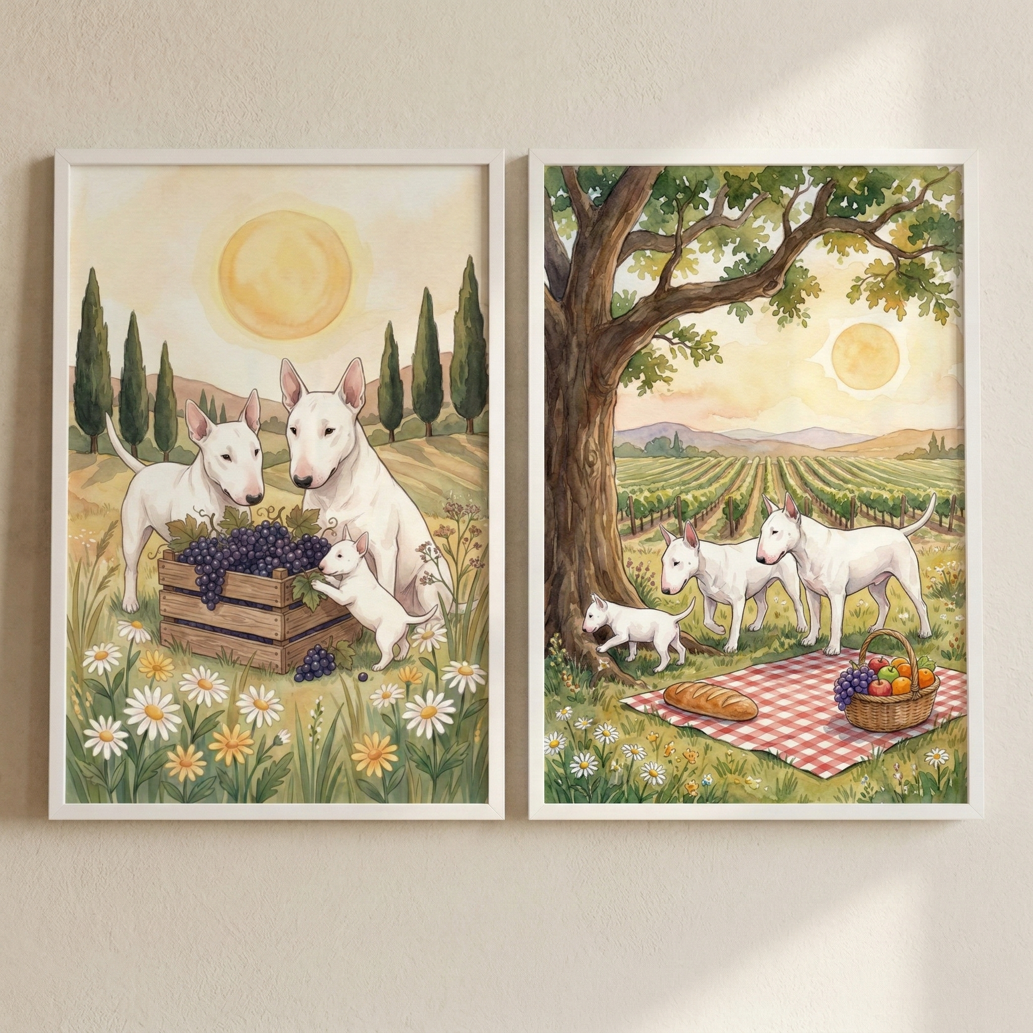 Tuscan Bull Terrier Wall Art Set of 2 - Vineyard Harvest Pups