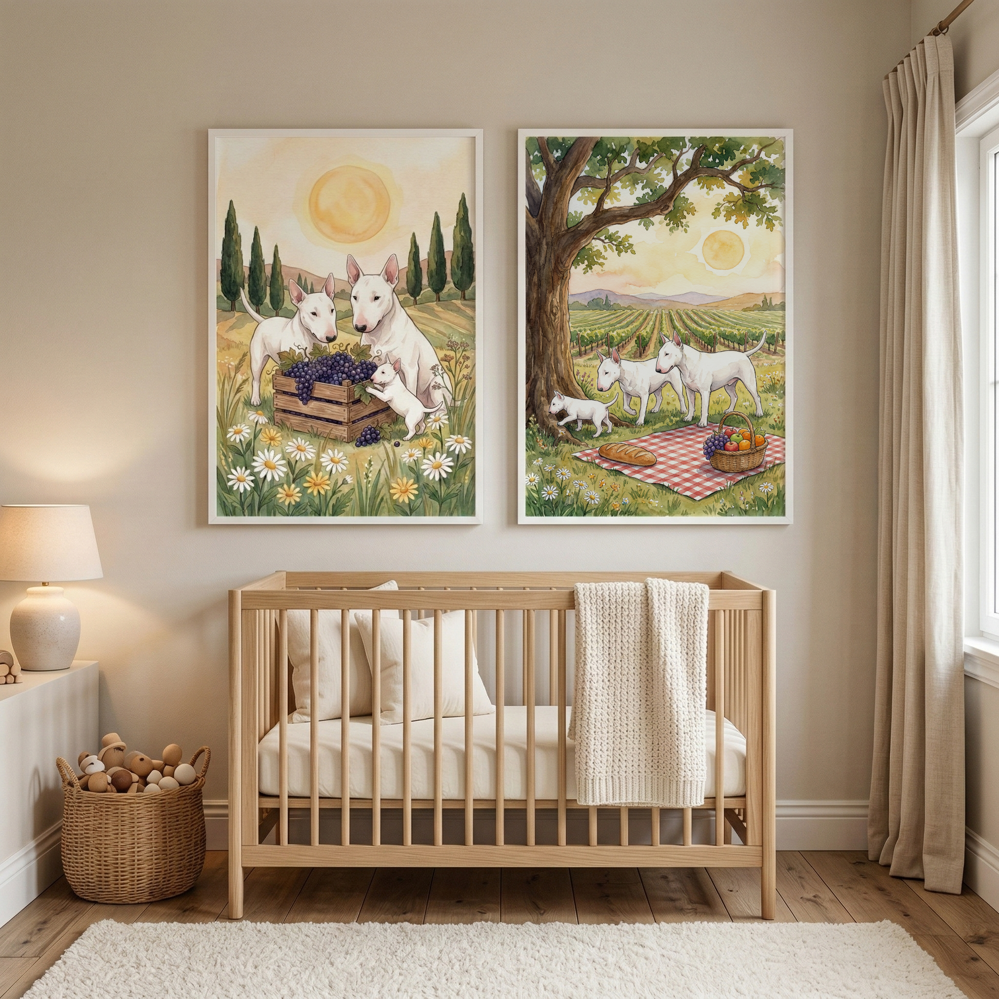 Tuscan Bull Terrier Wall Art Set of 2 - Vineyard Harvest Pups