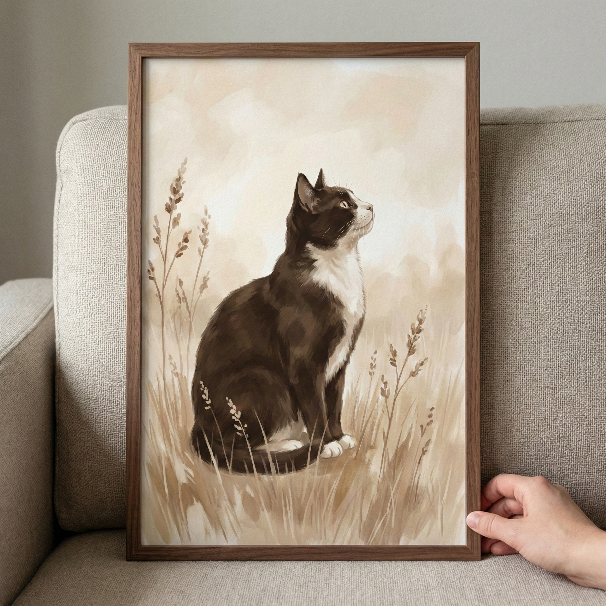 A dark wooden-framed illustration of a tuxedo cat sitting in a field of tall grass. The black and white cat is depicted in profile, gazing upward. The artwork has a soft, watercolor-like appearance with a muted palette of beige, tan, and cream tones. The frame is leaning against a light gray fabric sofa, and a person's hand is visible holding the bottom right corner of the frame.