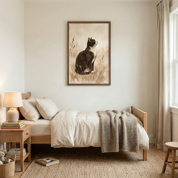 A cozy, neutral-toned bedroom features a light wood bed frame dressed with cream-colored linens and two matching pillows. A textured, grey-knit throw blanket is draped over the foot of the bed. To the left, a small wooden nightstand holds a simple lamp with a beige shade and a stack of books. A small basket with a plush toy is tucked onto the lower shelf. 

