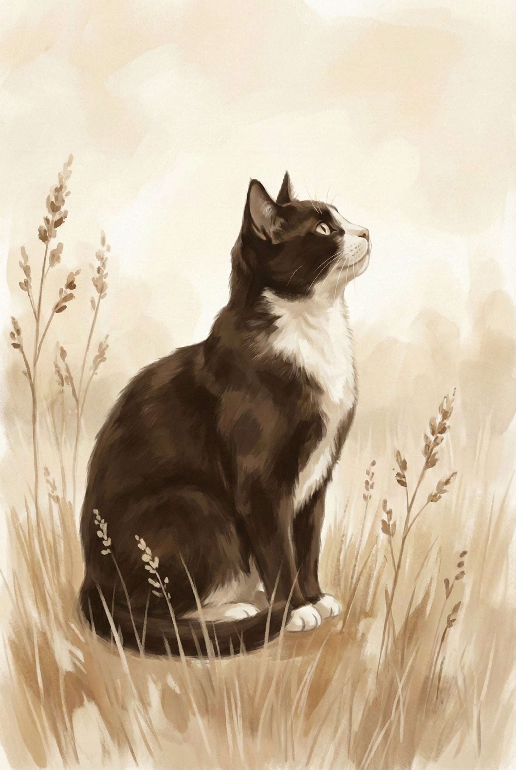 Watercolor illustration of a black and white tuxedo cat sitting in tall beige grass, rendered in soft sepia and earthy neutral tones.
