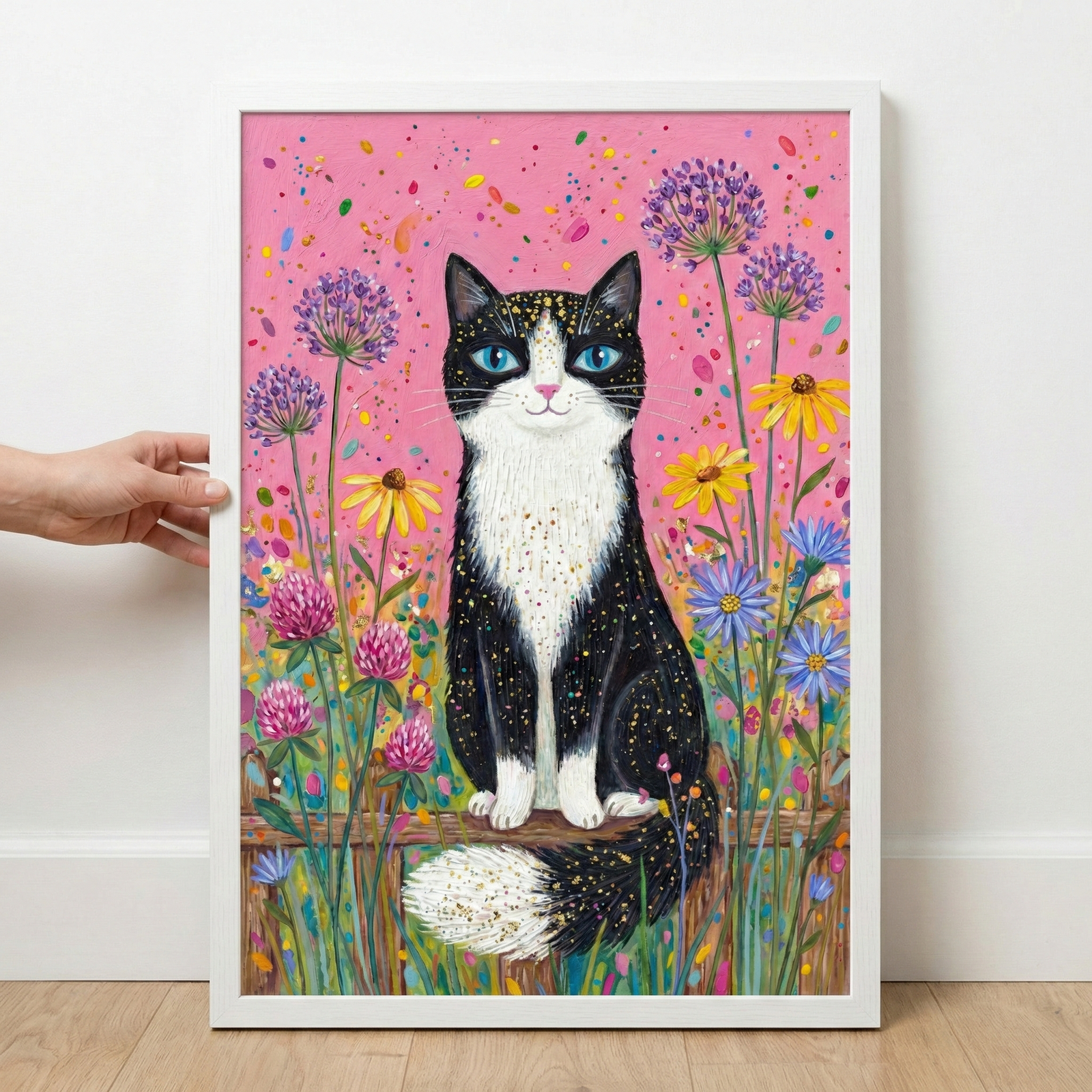 A vertical artwork in a white frame features a black and white cat with bright blue eyes and gold speckles on its fur. The cat sits centered on a wooden fence, surrounded by vibrant wildflowers like purple globes, yellow daisies, and pink blossoms. The background is a solid pink hue dotted with colorful marks. A hand holds the side of the frame, which leans against a white wall on a light wooden floor.