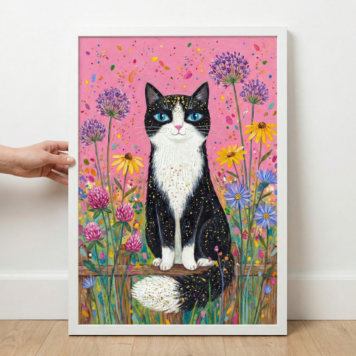 A vertical artwork in a white frame features a black and white cat with bright blue eyes and gold speckles on its fur. The cat sits centered on a wooden fence, surrounded by vibrant wildflowers like purple globes, yellow daisies, and pink blossoms. The background is a solid pink hue dotted with colorful marks. A hand holds the side of the frame, which leans against a white wall on a light wooden floor.
