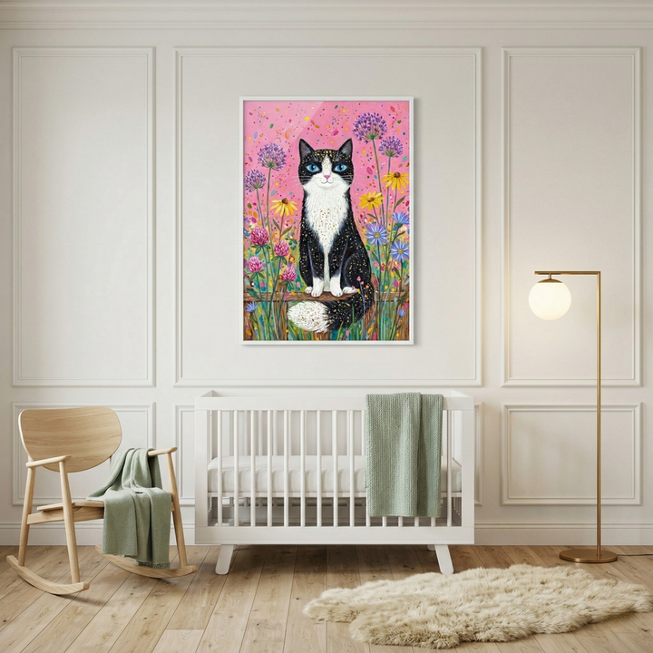 A modern, minimalist nursery with white wainscoted walls, featuring a white crib, a wooden rocking chair, and a gold floor lamp. Centered above the crib is a large, colorful painting of a tuxedo cat with blue eyes sitting in a vibrant field of flowers against a pink background.