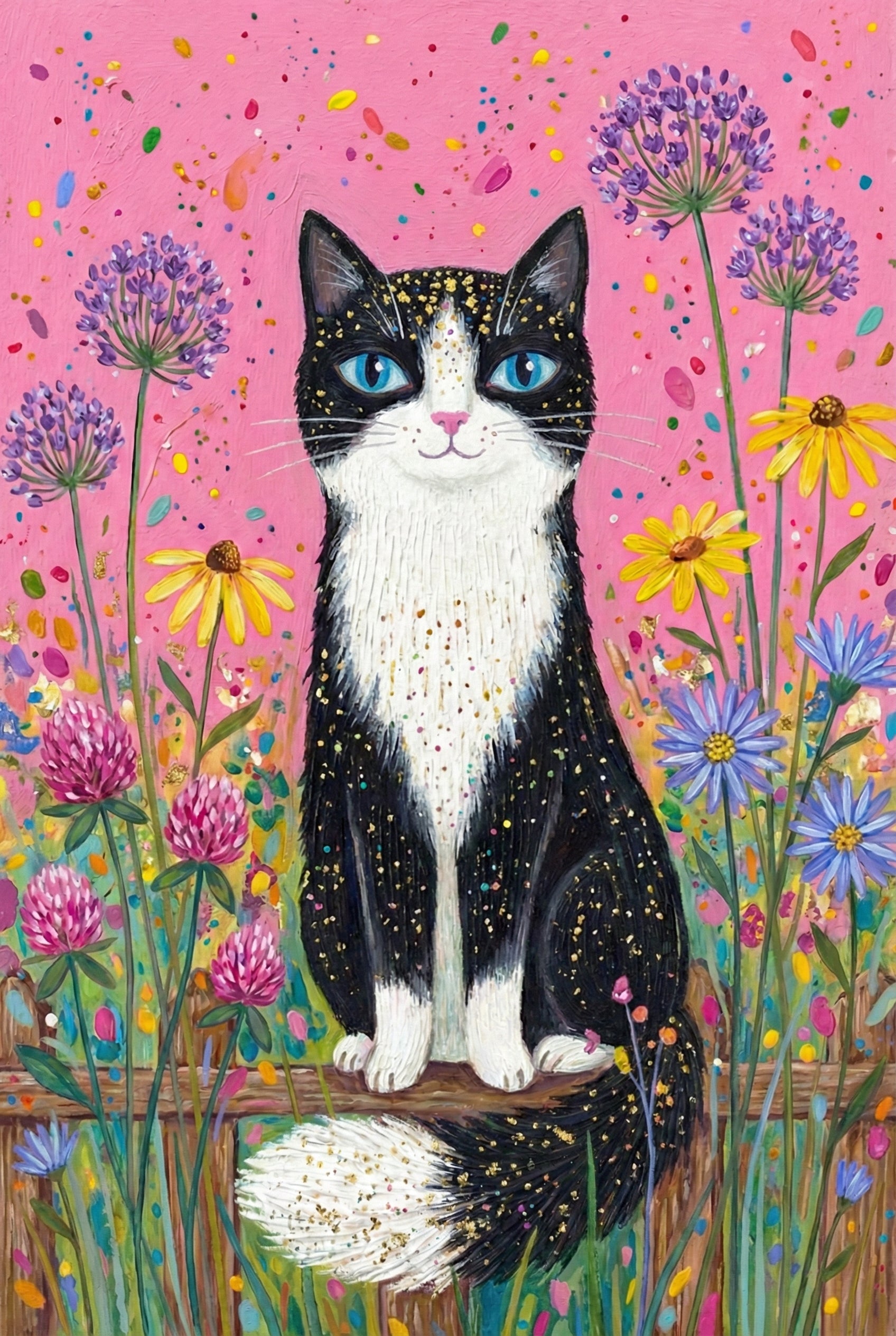 Tuxedo Cat Whimsical Floral Wall Art - Stardust Garden Feline