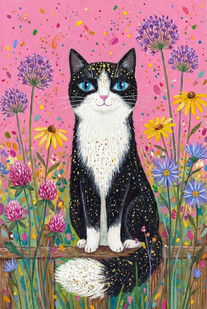 A black and white tuxedo cat with sparkling fur and blue eyes sits on a wooden fence surrounded by purple and yellow flowers. The pink backdrop is sprinkled with glitter and color dots.