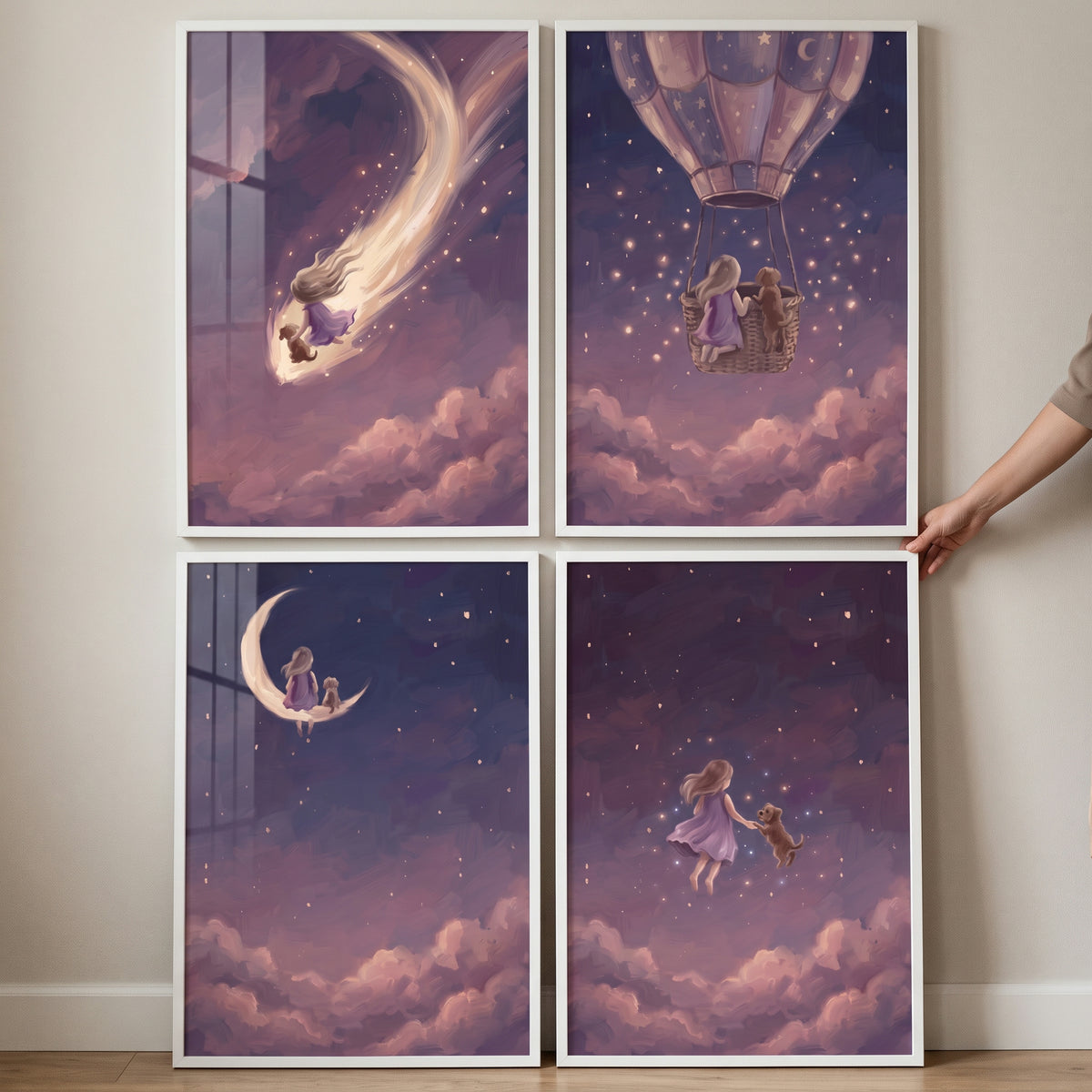 Twilight iris girl dog wall art set of 4 with a child and pet on a crescent moon, shooting star, and hot air balloon.