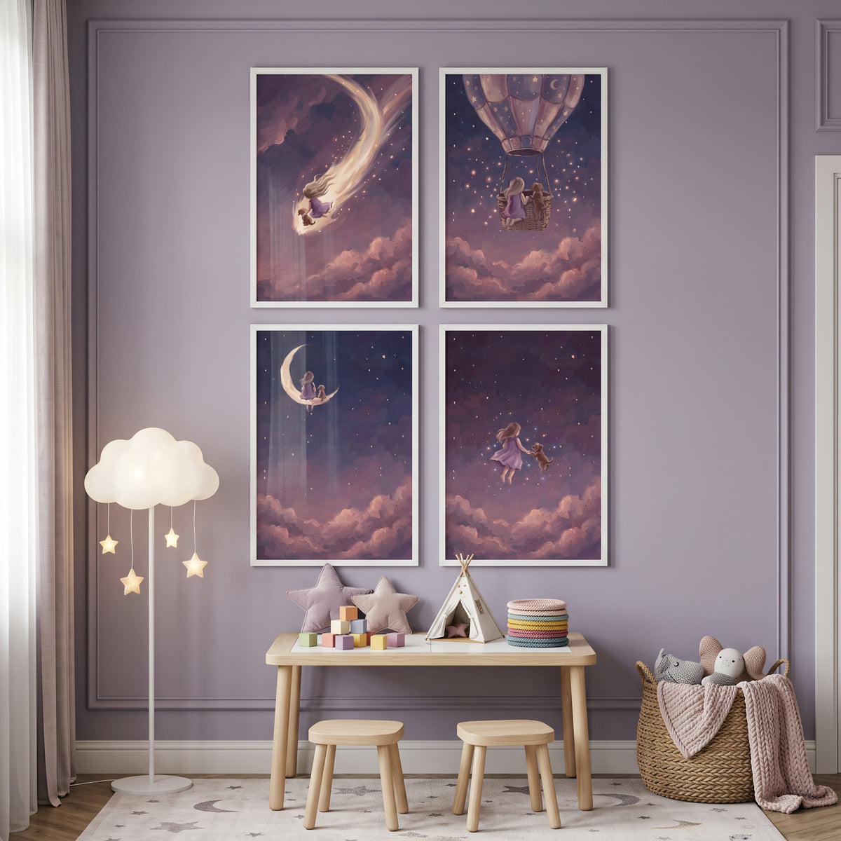 Twilight Iris Girl Dog Wall Art Set of 4 - Dreamy Night Journey