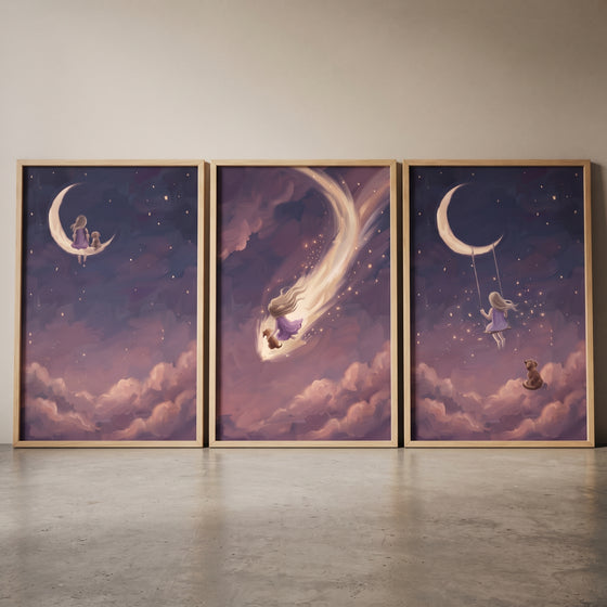 Twilight violet girl dog wall art set of 3 featuring a child and puppy on the moon, falling as a comet, and on a swing.