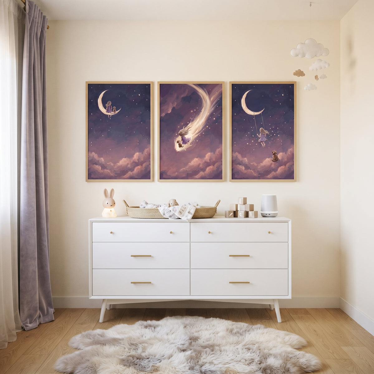 Twilight Violet Girl Dog Wall Art Set of 3 - Celestial Dream Flight