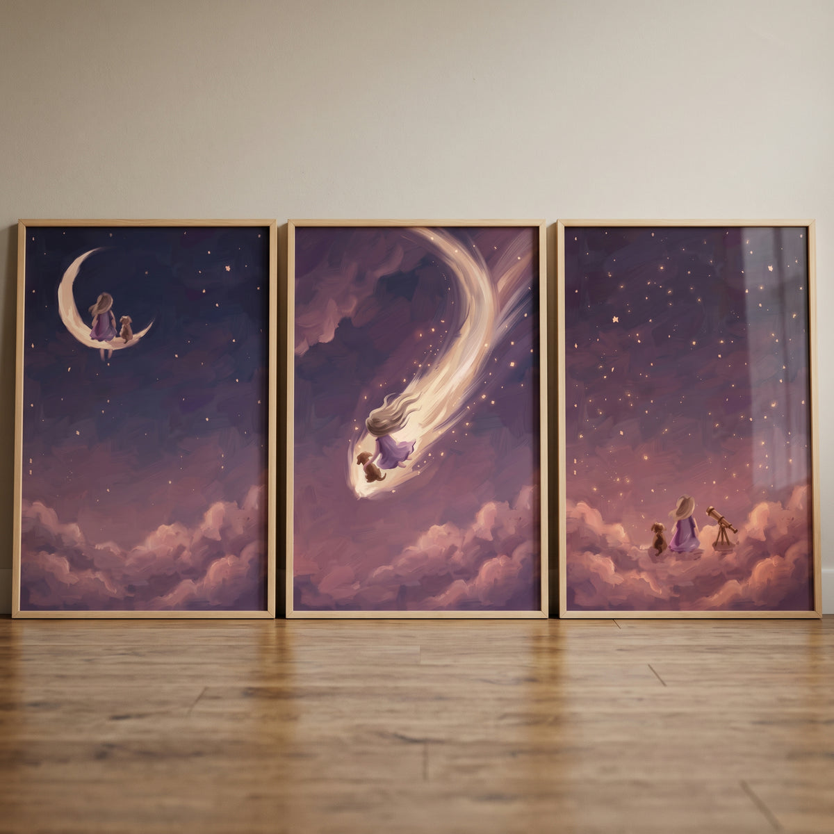 A girl and dog on a moon, riding a star, and using a telescope in this twinkling galaxy girl dog wall art set of 3.